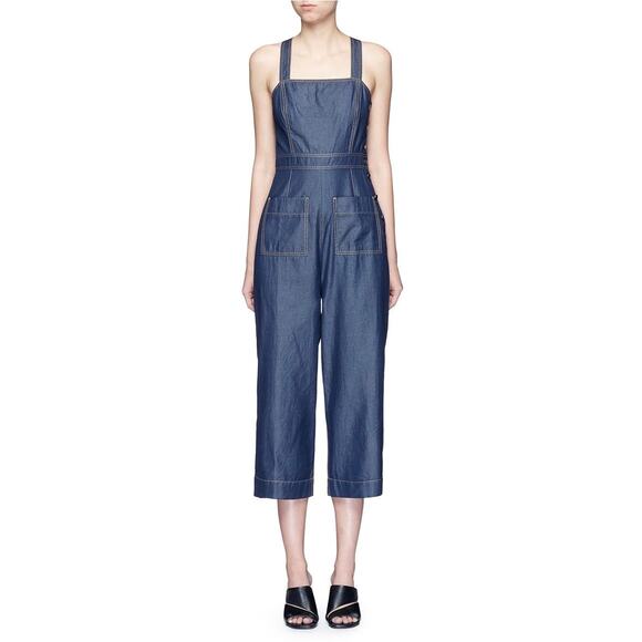 TIBI Neo Washed Cotton Twill Overalls Womens 0 Blue Light Weight Denim Cropped
